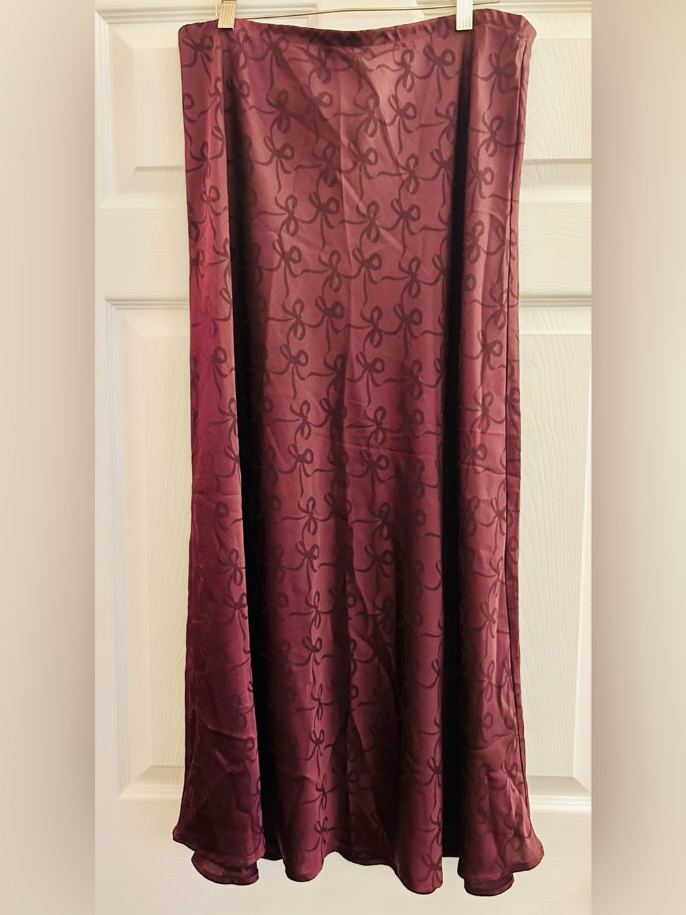 Burgundy Satin Bow Pattern A-Line Maxi Skirt